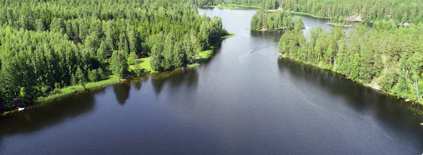 Kuvituskuva artikkeliin, jonka aiheena vesivarojen käyttö. Korkealta kuvattuna sininen suuri vesistö, jonka molemmin puolin on vihreää metsää.