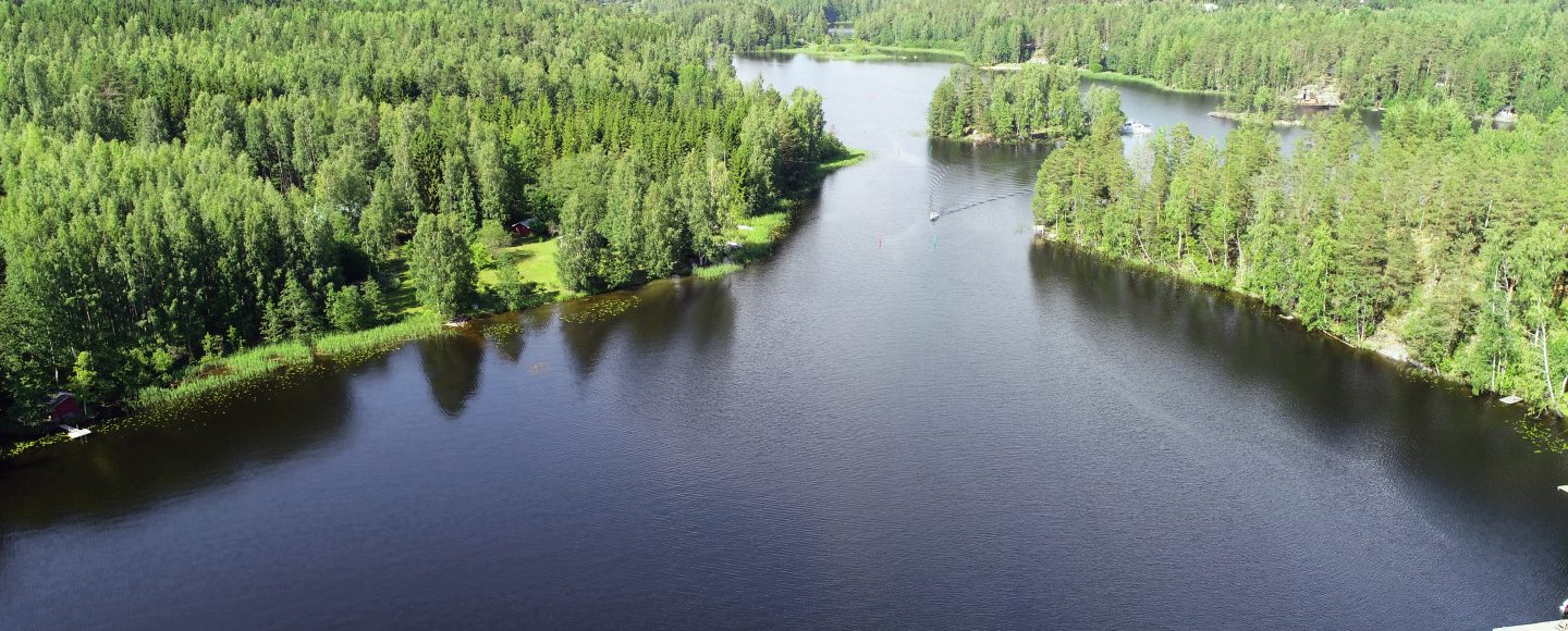 Kuvituskuva artikkeliin, jonka aiheena vesivarojen käyttö. Korkealta kuvattuna sininen suuri vesistö, jonka molemmin puolin on vihreää metsää.